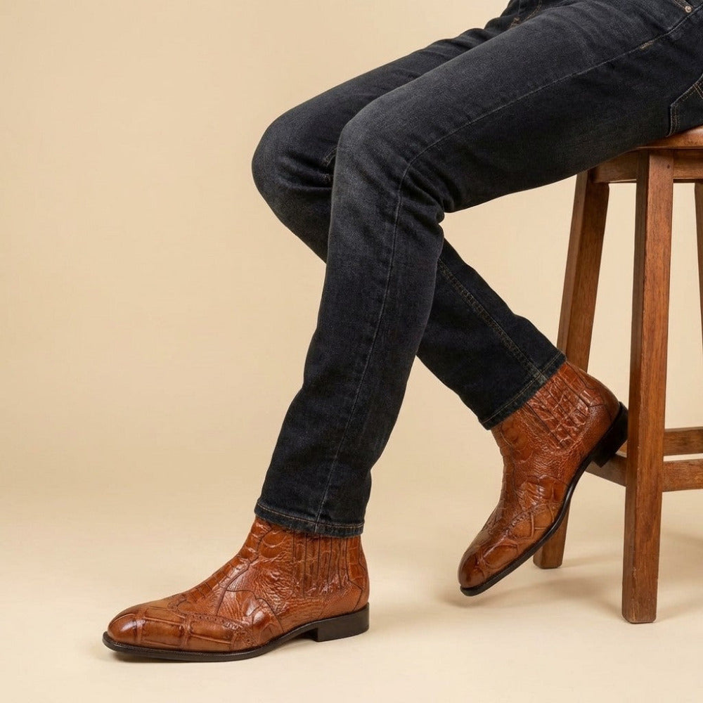 Mauri 1092 Cognac alligator and ostrich leg boots featuring a sleek design and detailed leather textures.