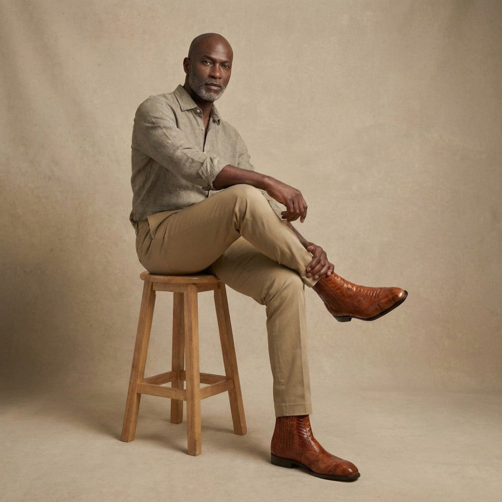 Mauri 1092 alligator and ostrich leg boots in cognac leather, showcasing detailed stitching and elegant boot design.