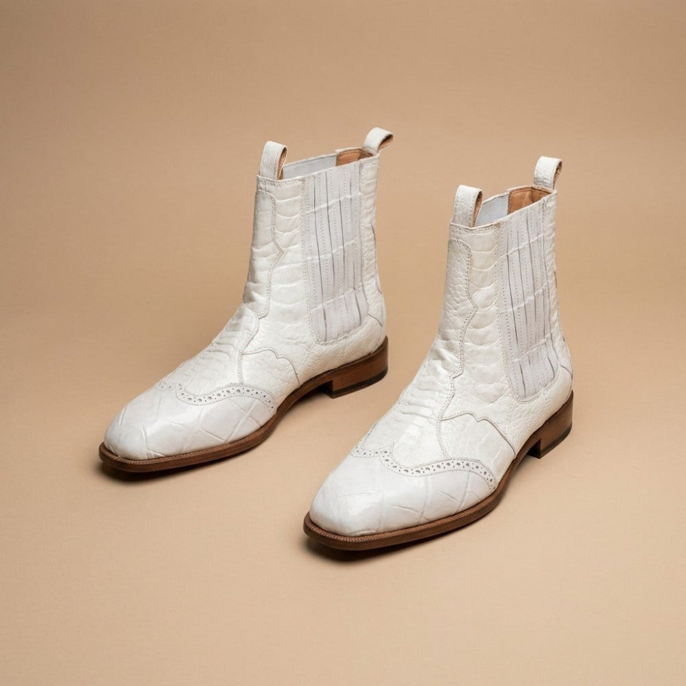 Mauri 1092 alligator and ostrich leg boots in white leather, stylish and luxurious footwear with intricate reptile skin detailing.