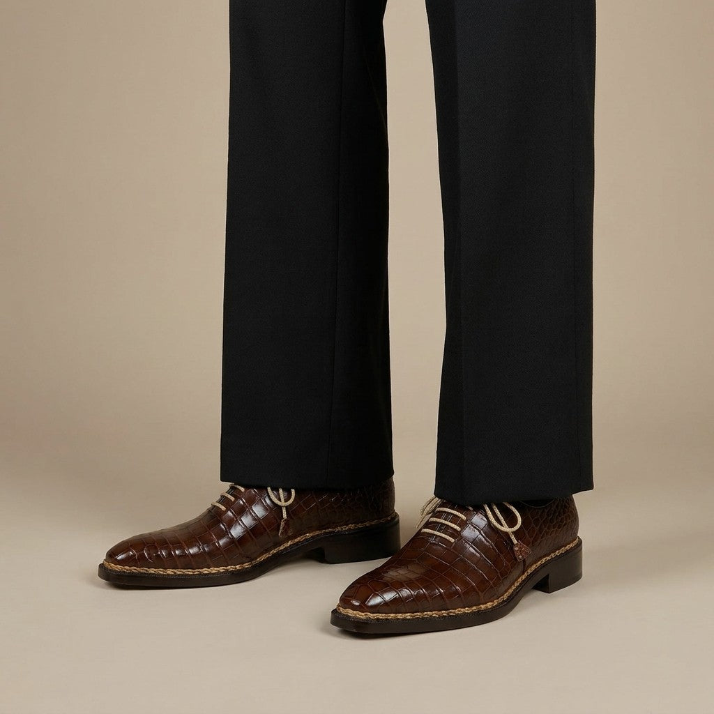 Caporicci 1400 baby alligator lace-up shoes in brown leather, featuring a sleek design and classic lace-up closure.