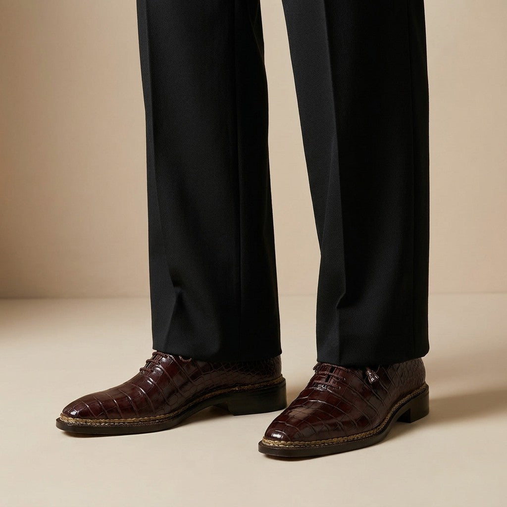 Caporicci 1400 baby alligator lace-up shoes in rich burgundy leather with detailed stitching and classic design.