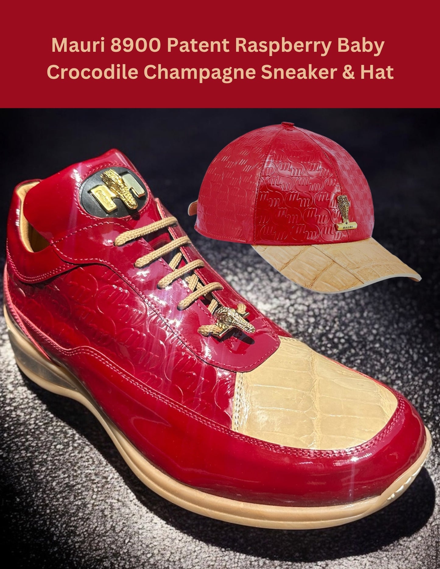Mauri 8900 Patent Raspberry Baby Crocodile Champagne Sneakers - Cellini Uomo 
