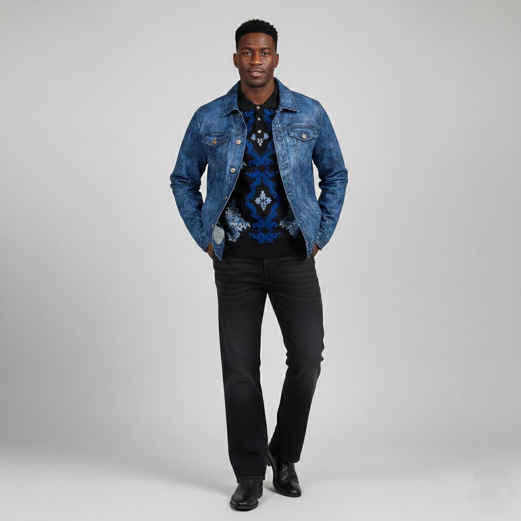Missani Le Collezioni BF leather jean jacket displayed on a hanger, showcasing its classic design and high-quality leather material.