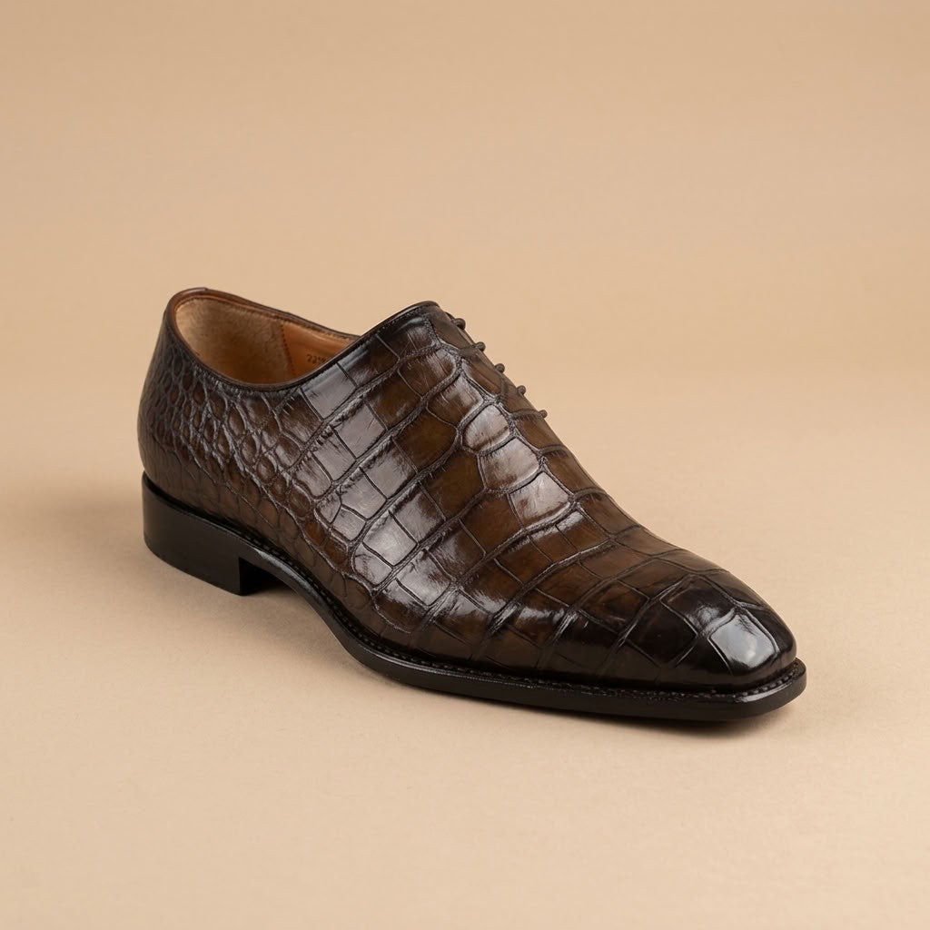 Sheriff Collection 2218 alligator lace-up shoes with detailed reptile texture and classic design, shown in brown leather.
