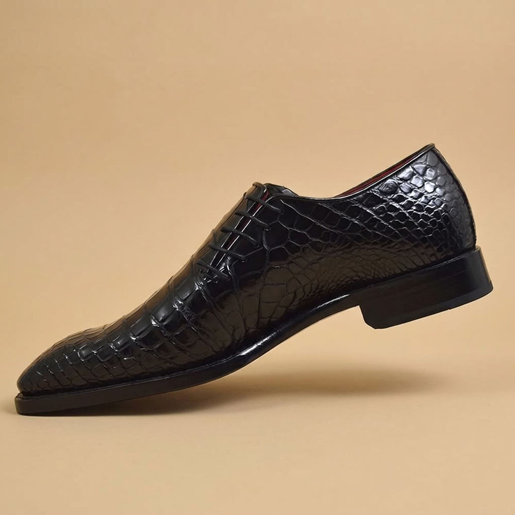 Sheriff Collection 2218 alligator leather lace-up shoes, showcasing detailed texture and classic design in a close-up view.