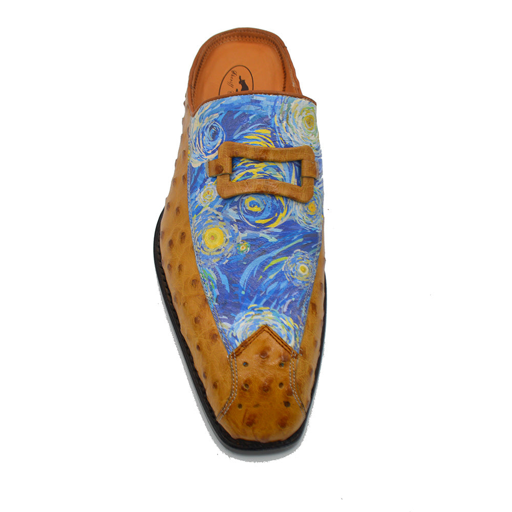 Sheriff Collection 2408-2002 Half Shoes Navy and Tan Ostrich With Van Gogh Design