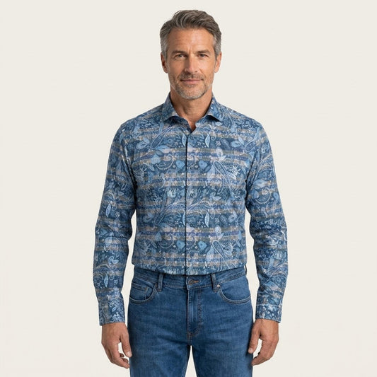 Andrea Bossi 100% cotton button-up shirt in grey and blue, casual long-sleeve top with a classic collar, style 2802A.