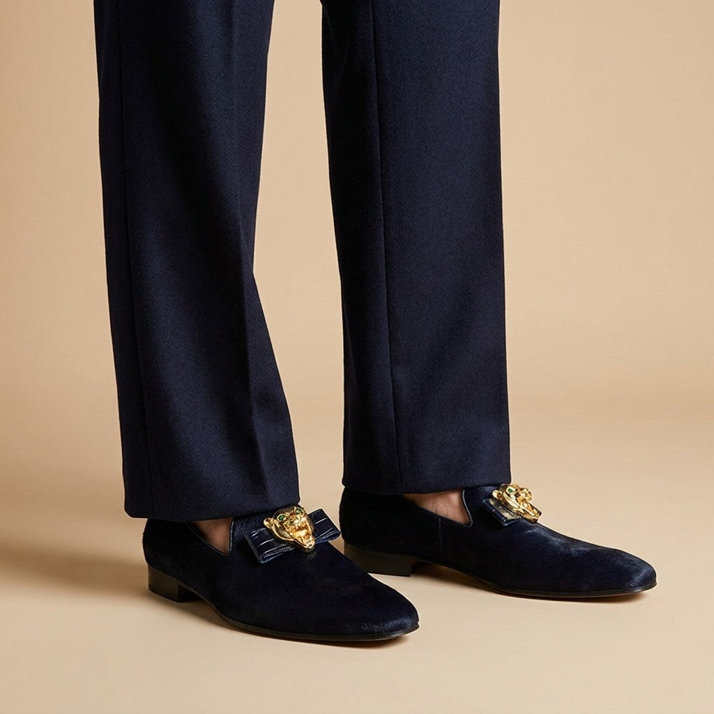 Sheriff Collection x Mauri 4965 Navy Blue Pony & Croc Gold Panther Loafer