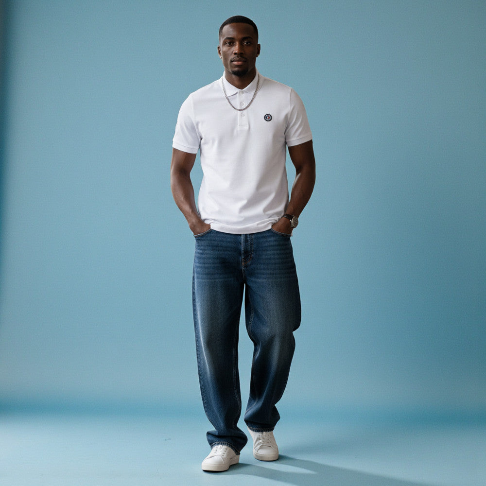 Impulso Polo Club shirt in blue with white collar and buttons, casual men's shirt displayed on a hanger.