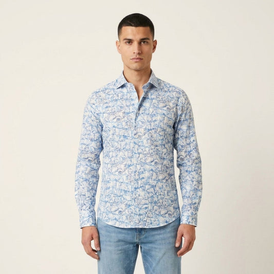 Andrea Bossi cotton button-up shirt in blue and cream with a classic collar and long sleeves, stylish and comfortable for everyday wear.