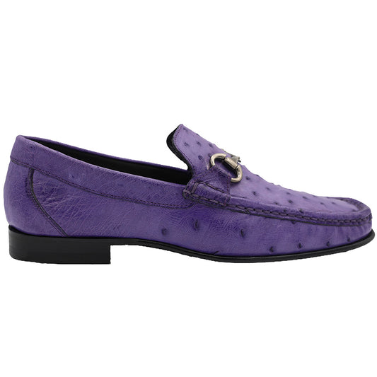 Bright purple Calzoleria Toscana V2-3238 ostrich leather loafers with colorful stitching and polished finish.