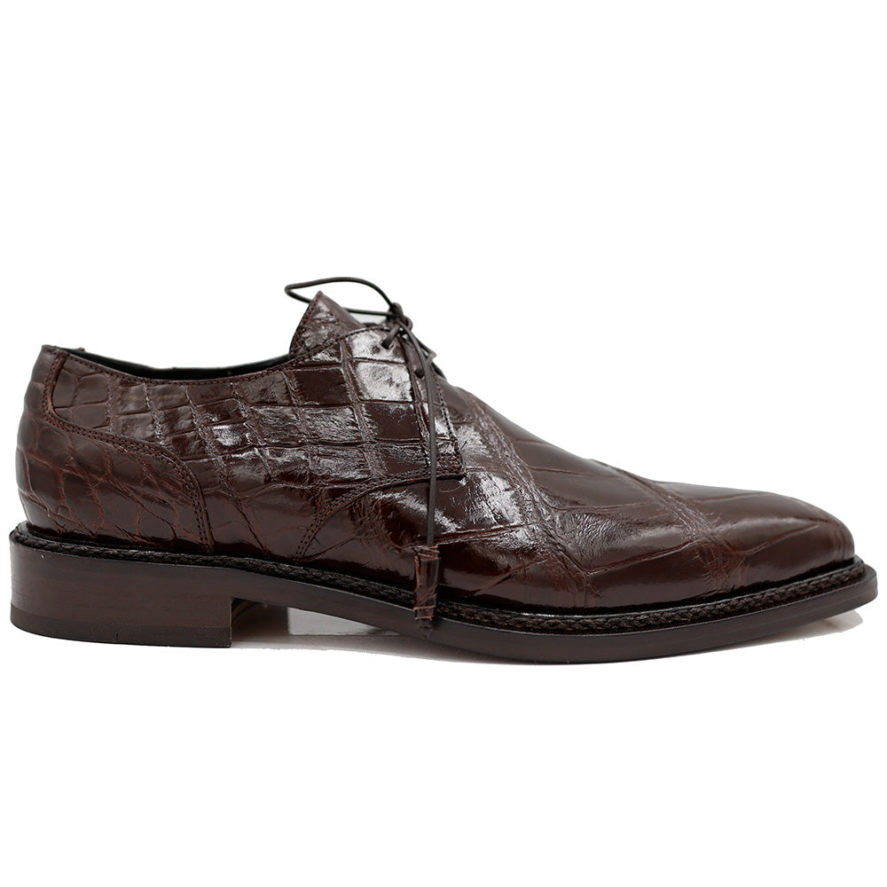 Mauri 3281 alligator leather lace-up dress shoes in brown with detailed stitching and polished finish.