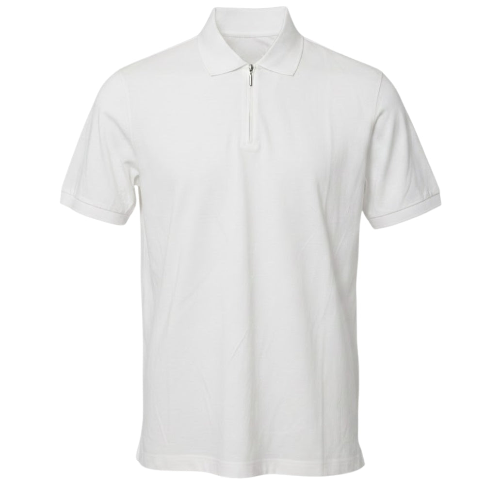 Monetchiaro half zip short sleeve polo shirt made from Italian cotton, displayed with collar and zip detail in natural fabric texture.