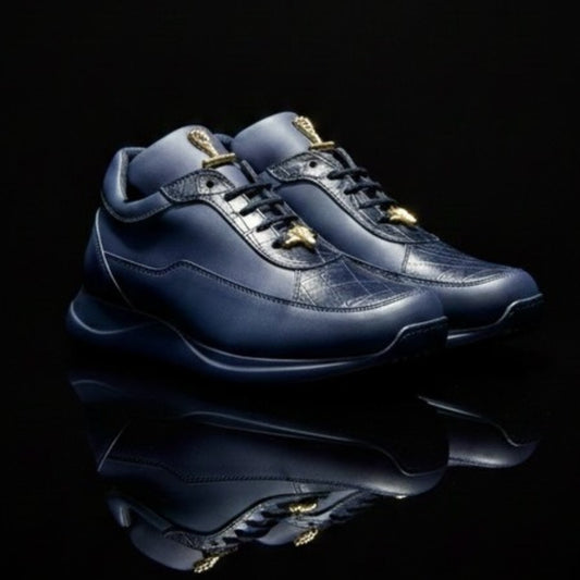 Mauri 8900 Navy Nappa Leather and Babay Crocodile Sneakers - Cellini Uomo 