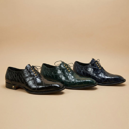 Mauri 4948 Alligator Lace Up shoes featuring black alligator leather, lace-up closure, and sleek design with detailed texture.