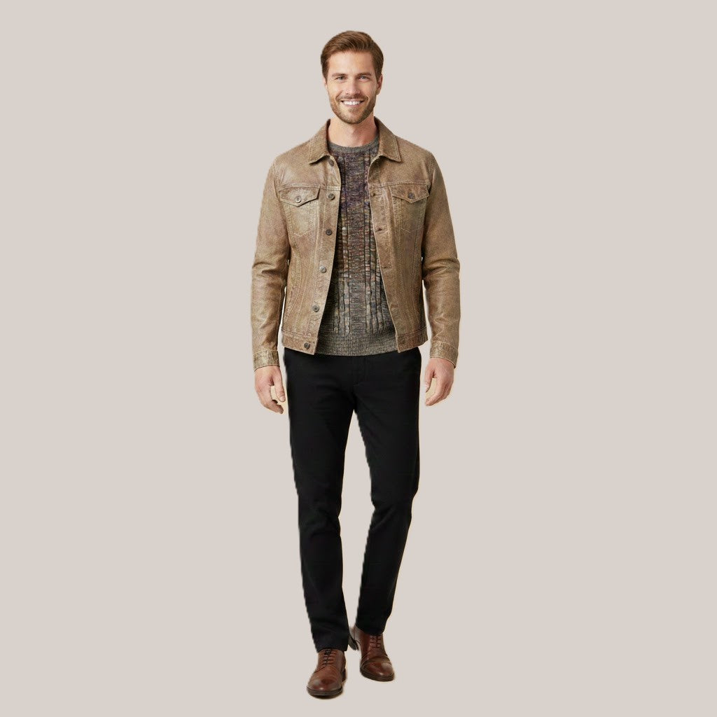 Missani Le Collezioni BF Leather Jean Jacket, stylish brown coat with classic denim jacket details and silver button accents.