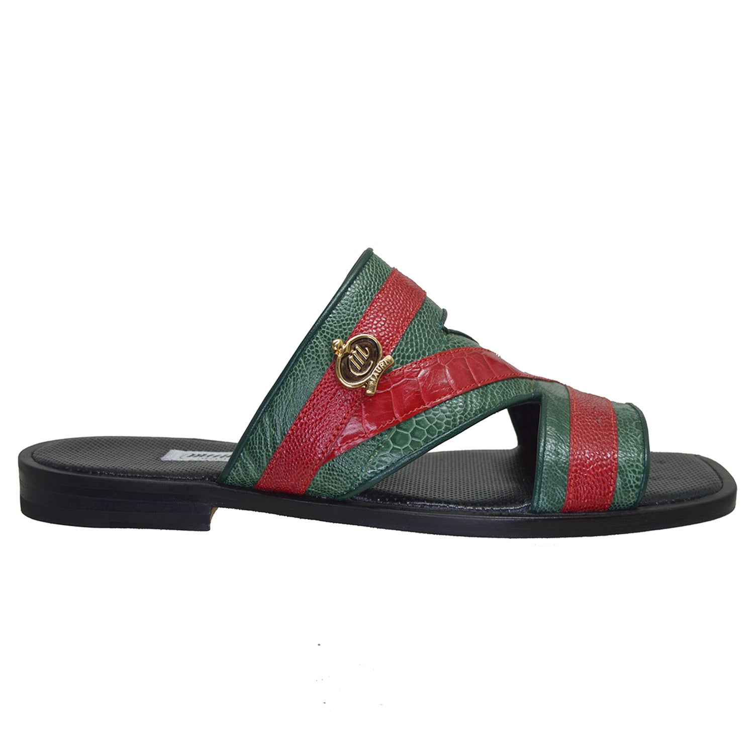 Mauri Sarasota Ostrich Leg Sandals in green and red with open toe and ankle strap, stylish and luxurious footwear.