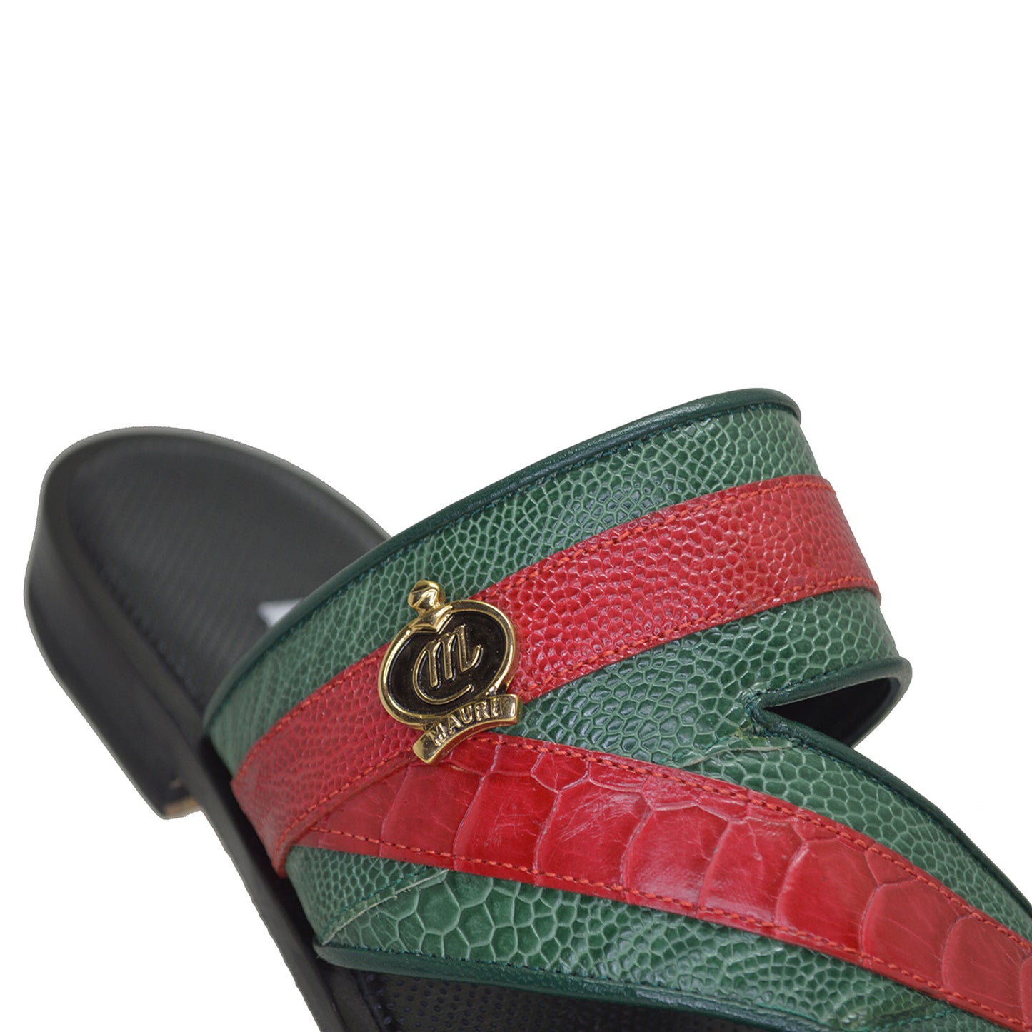 Mauri Sarasota ostrich leg sandals in green and red with ankle straps and open toe design.