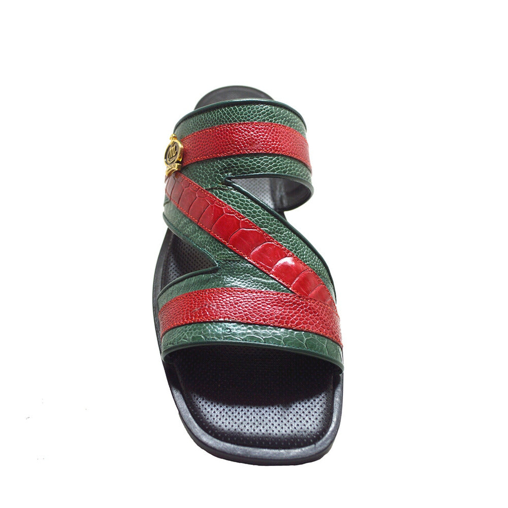 Mauri Sarasota ostrich leg sandals in green and red with open toe design and ankle straps.