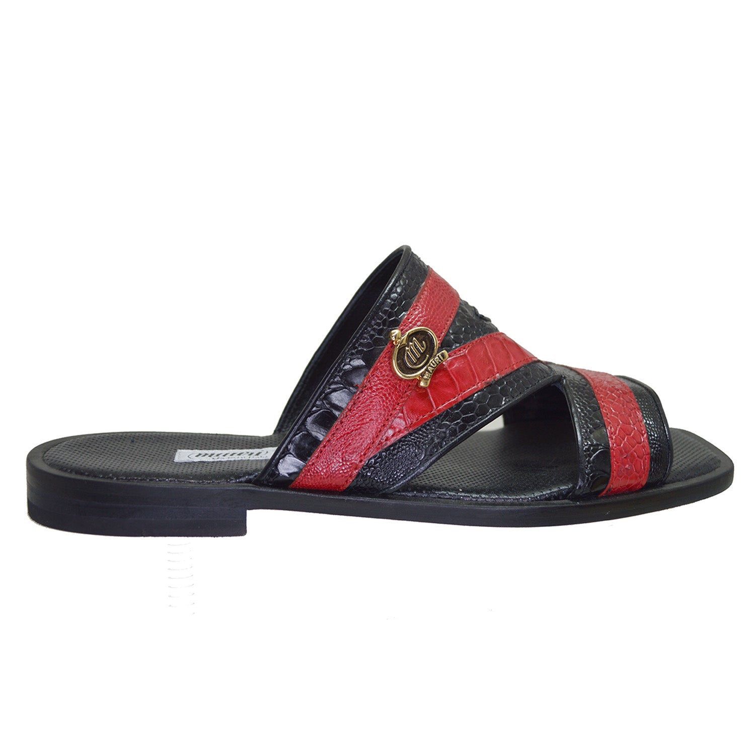 Mauri Sarasota ostrich leg sandals in red and black leather, stylish open-toe footwear with ankle straps.