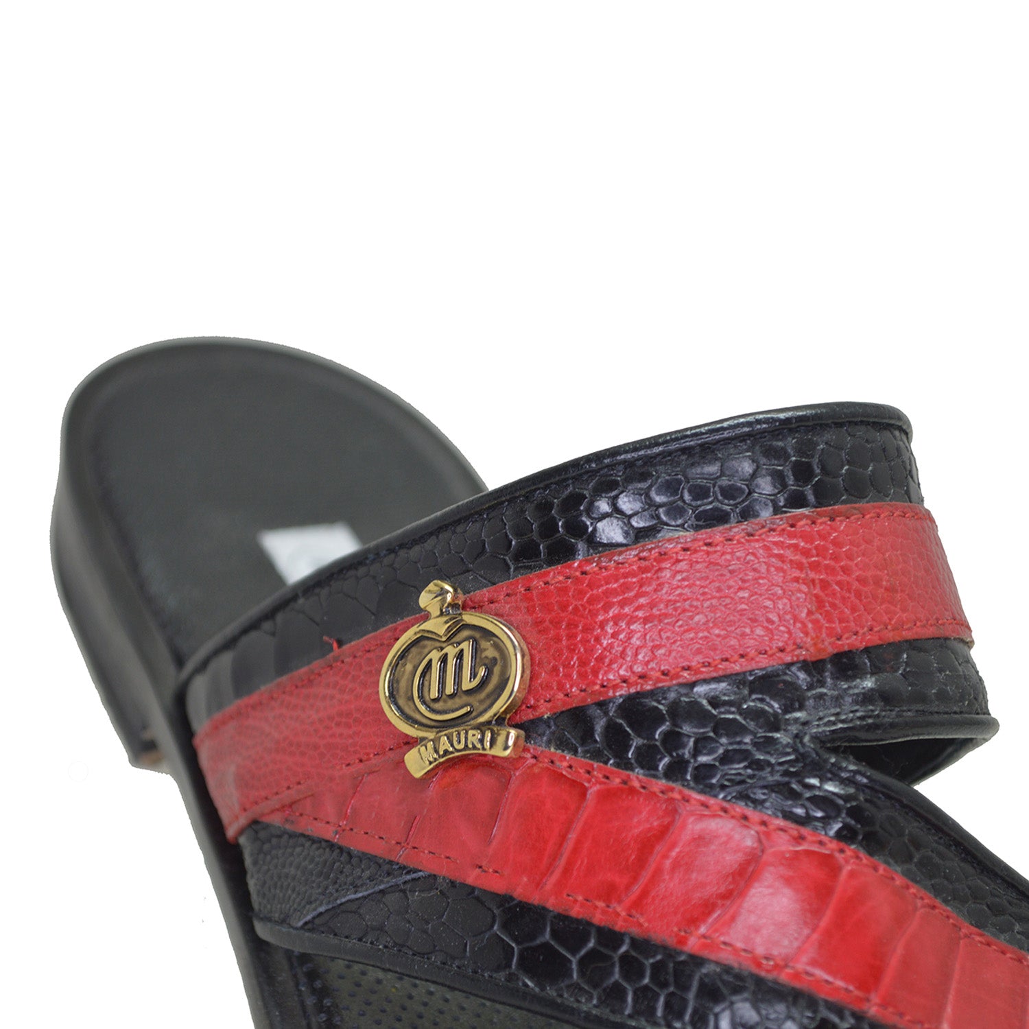 Mauri Sarasota Ostrich Leg Sandals in red and black with open toes and ankle straps, stylish and luxurious footwear.