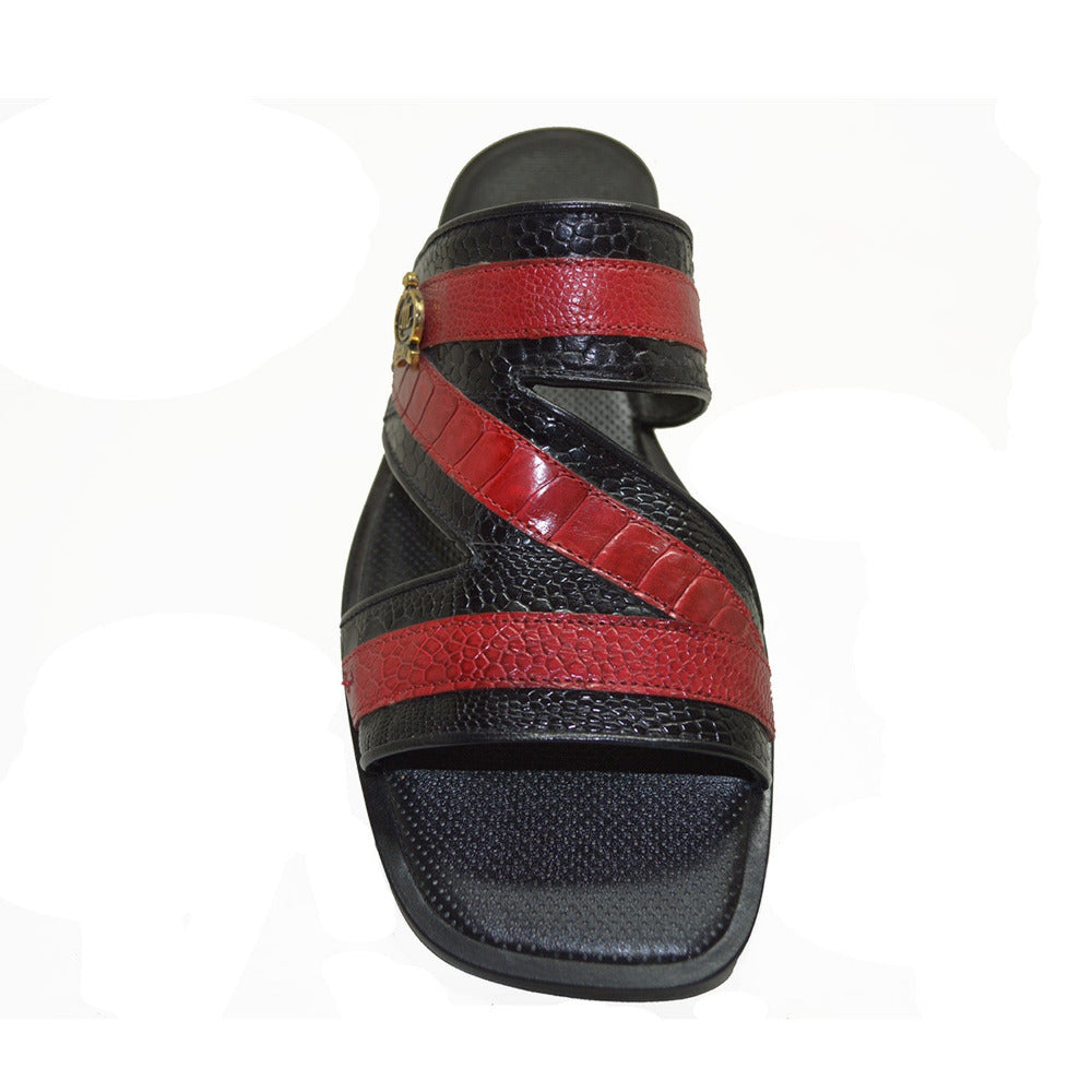 Mauri Sarasota Ostrich Leg Sandals in red and black with open toe design and ankle strap, showcasing stylish and textured leather straps.