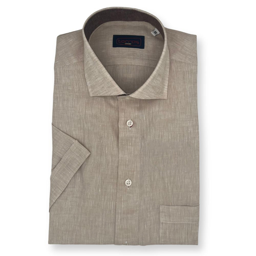 Torras Premium Italian 100% linen short-sleeve shirt in light beige, featuring a classic collar and relaxed fit.