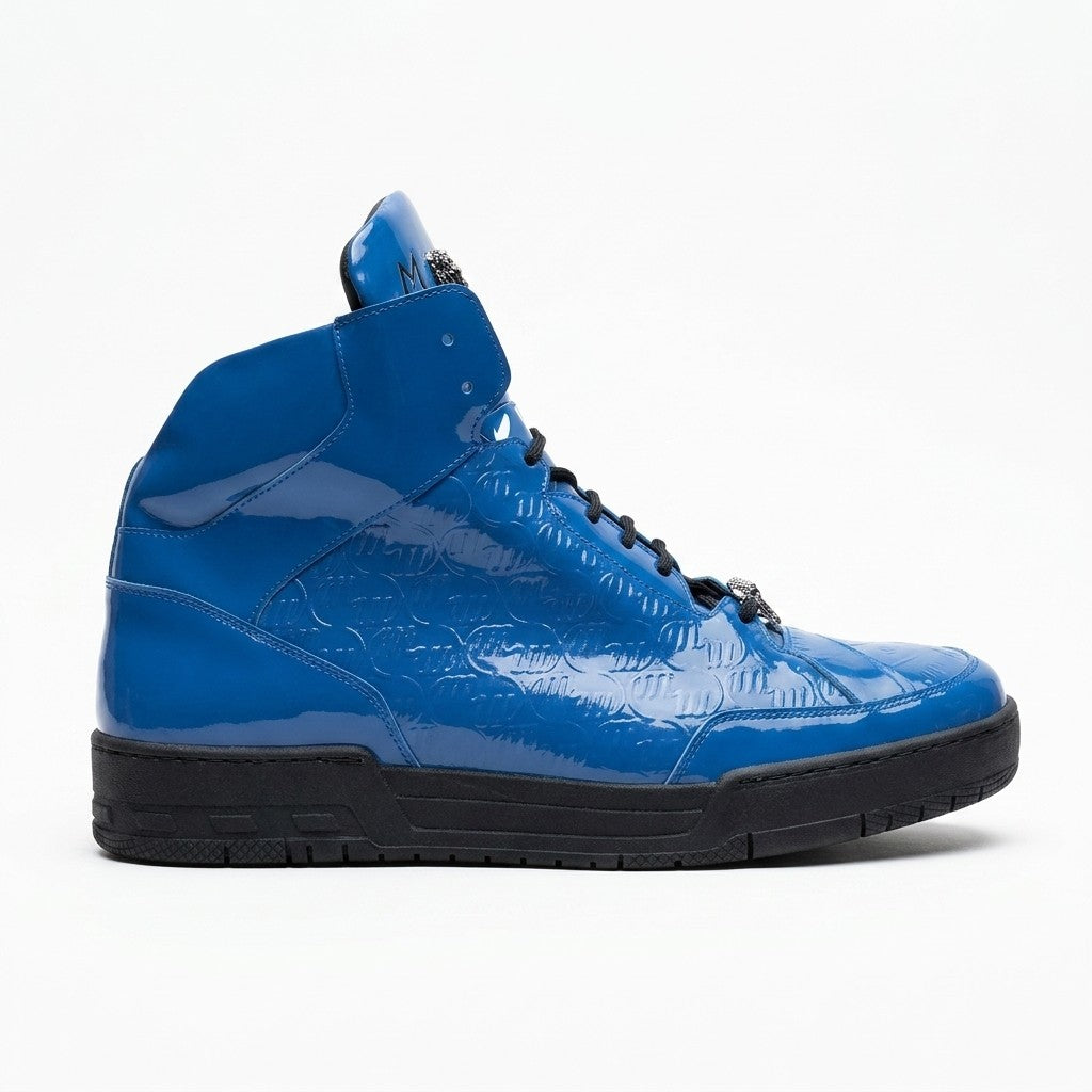 Mauri 8429 patent leather and crocodile high-top sneakers with sleek design and textured detailing, viewed from the side.