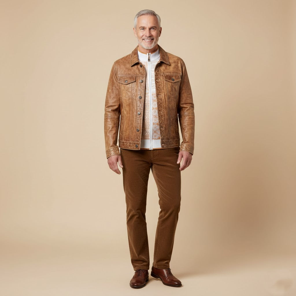 Missani Le Collezioni BF leather jean jacket, stylish coat with classic denim look and leather accents, front view.