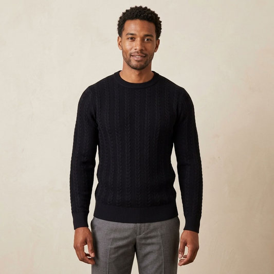 Prestige SW-6599 Cable-Knit Crew Neck Wool-Blend Sweater