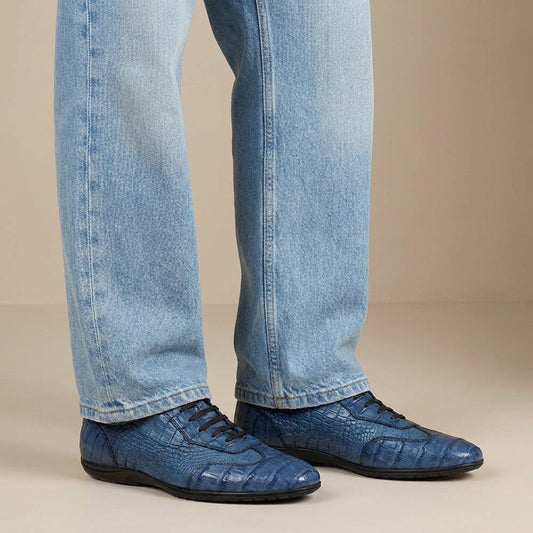 Calzoleria Toscana Toscana 7406 crocodile casual sneakers in blue with textured crocodile pattern and lace-up design.
