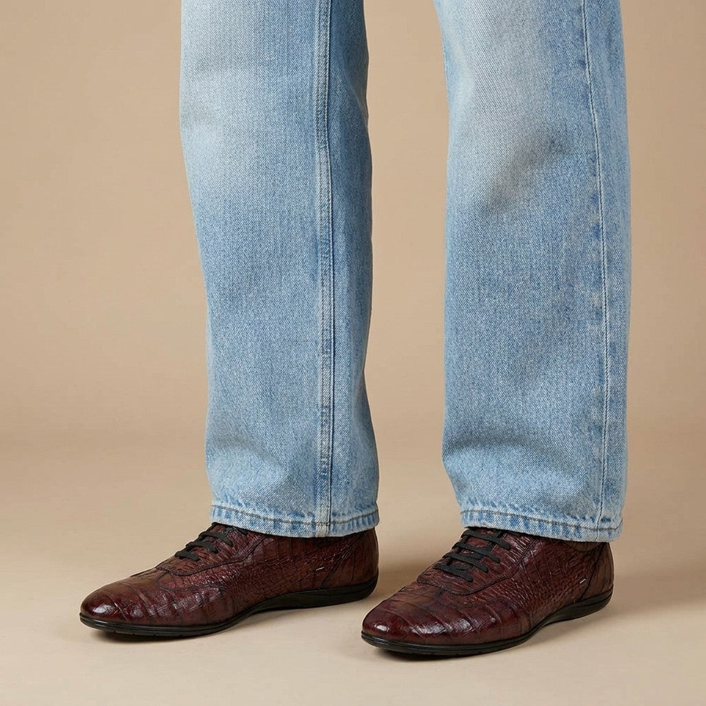 Calzoleria Toscana Toscana 7406 crocodile leather casual sneakers in burgundy with textured detailing.