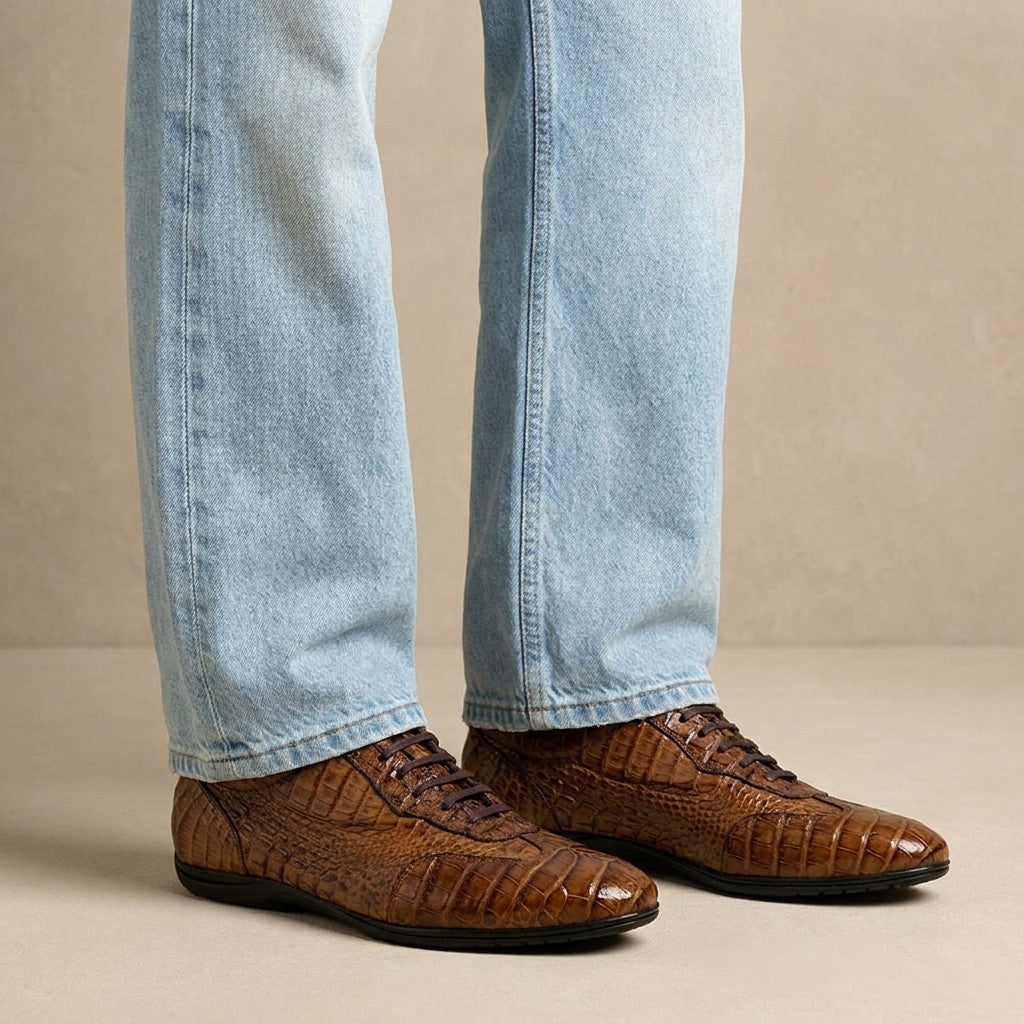 Calzoleria Toscana Toscana 7406 crocodile leather casual sneakers in cognac color with detailed texture and stylish design.