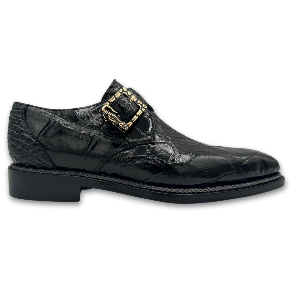 Mauri 3281 Alligator Monk Strap Shoes featuring sleek black leather and elegant buckle detail.