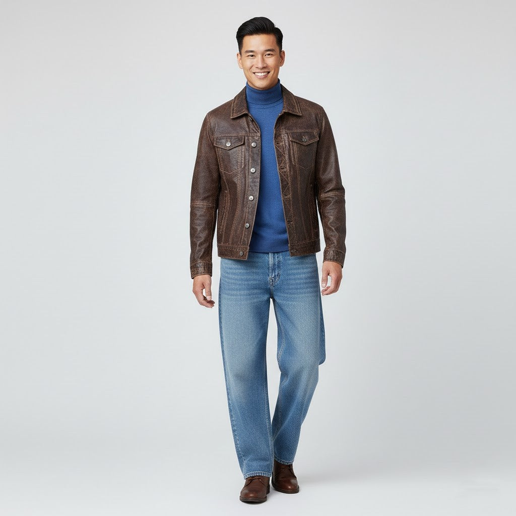 Missani Le Collezioni BF leather jean jacket, stylish coat with a classic denim design and leather accents, displayed on a hanger.