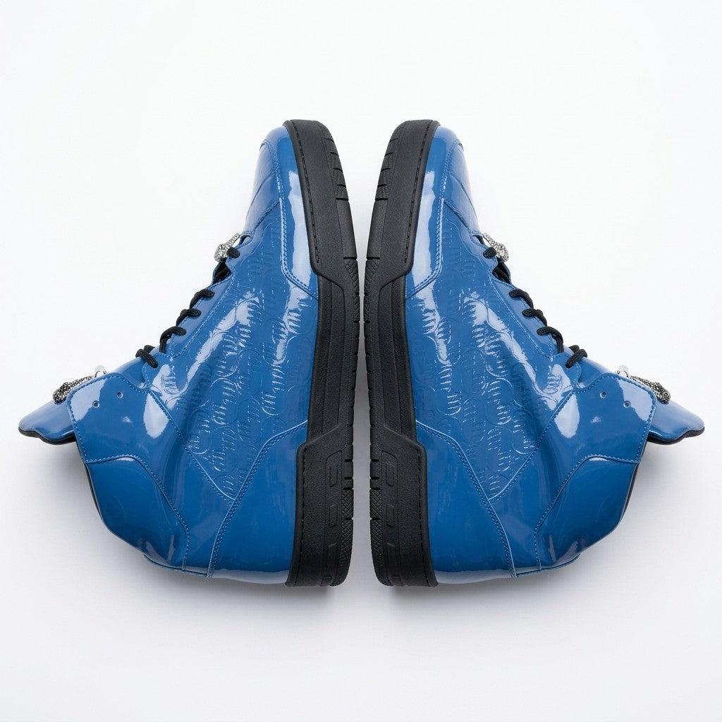 Mauri 8429 patent leather and crocodile high-top sneakers with stylish laces and textured design on a white background.