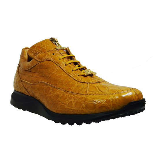 Mauri 8900 alligator casual sneakers in mustard color with textured leather and lace-up design on clean white soles.