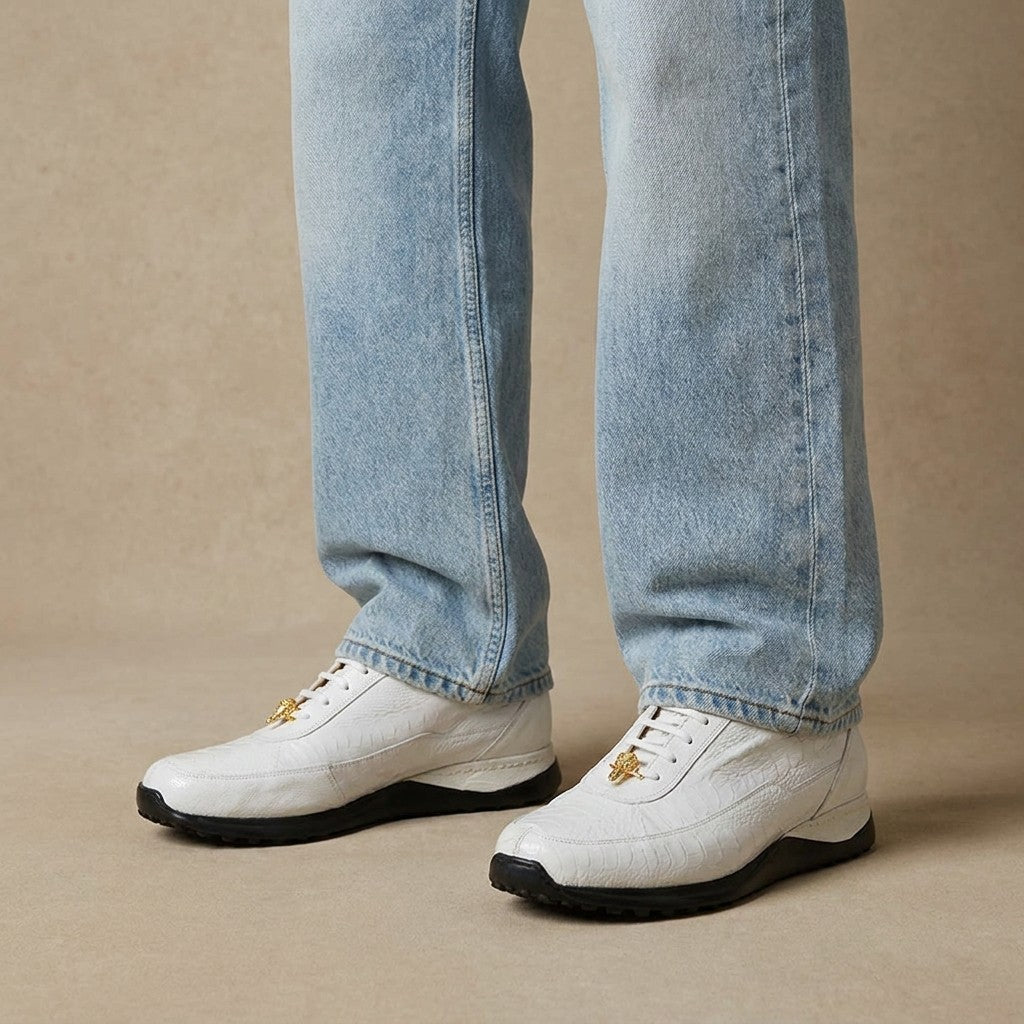 Mauri 8814 white ostrich casual sneakers with textured leather and white laces, stylish and comfortable footwear.