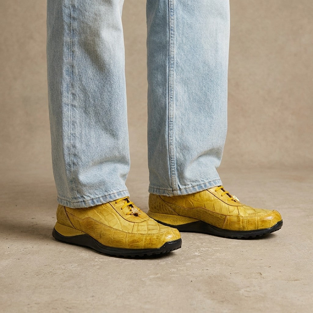 Mauri Casual Alligator Sneaker in yellow, stylish casual footwear with textured alligator pattern and lace-up design.