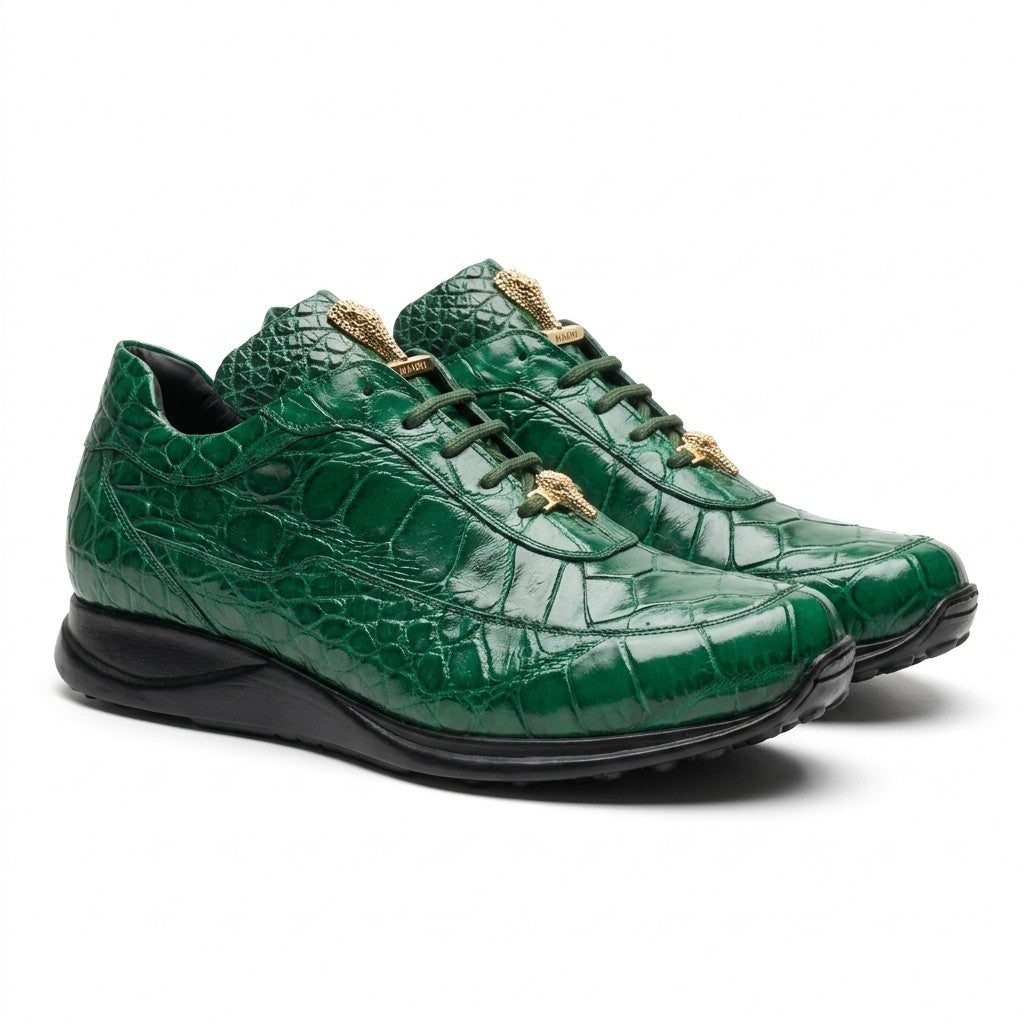 Mauri 8900 Alligator Sneakers in hunter green with textured alligator pattern, casual athletic style, front view.