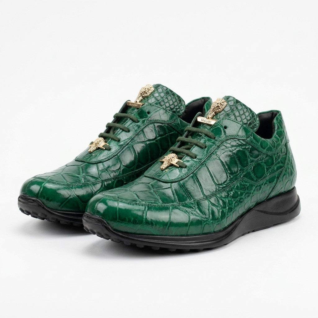 Mauri 8900 Alligator Sneakers in hunter green with textured alligator pattern and lace-up design.