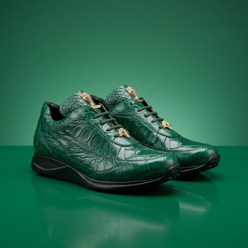 Mauri 8900 Alligator Sneakers in hunter green, showcasing textured alligator style leather and modern sneaker design.