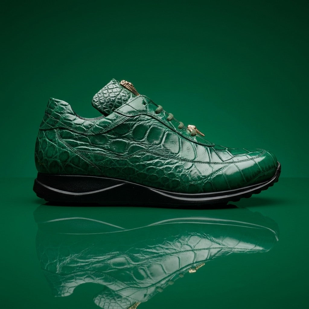Mauri 8900 Alligator Sneakers in hunter green with textured alligator pattern, stylish casual sneakers for men.