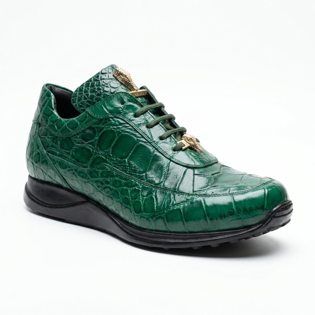 Mauri 8900 Alligator Sneakers in hunter green with textured alligator pattern and sleek design, close-up view of the sneakers.