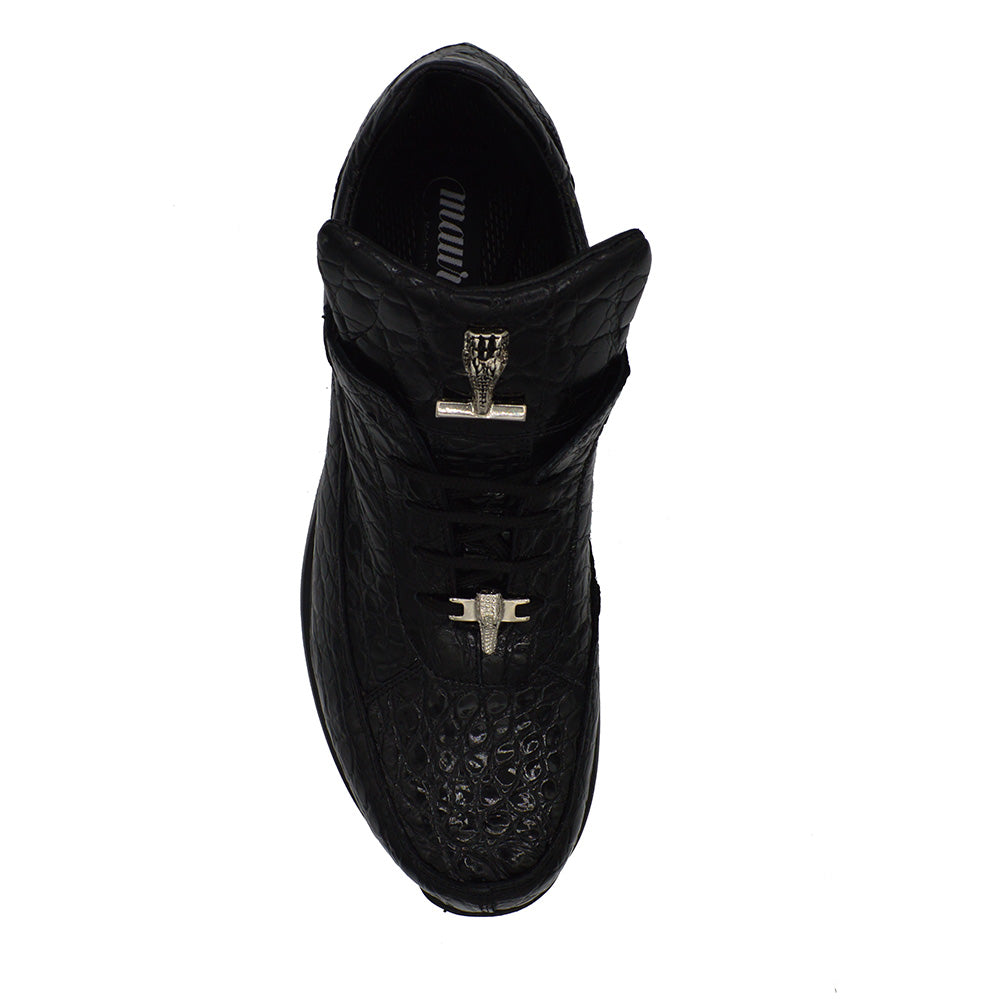 Mauri 8900 black alligator skin sneakers with sleek design and textured leather upper.