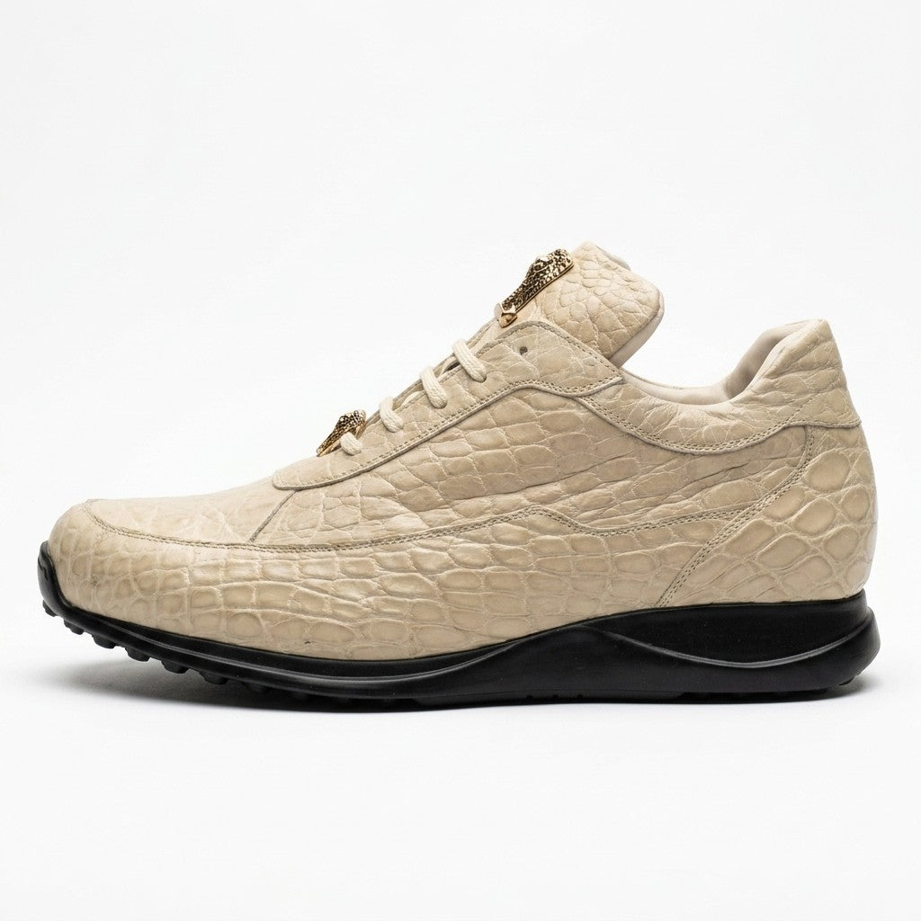 Cream Mauri 8900 Alligator Sneakers, stylish casual sneakers with textured alligator pattern and white soles.