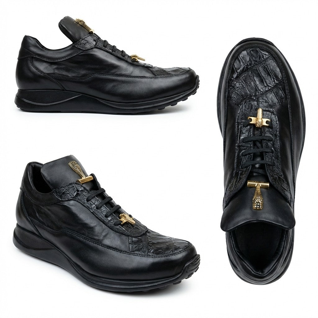 Mauri 8900 black Napa leather and crocodile sneakers with sleek design and textured detailing, casual footwear for men.