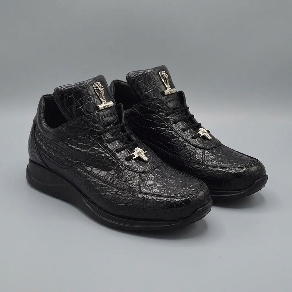 Mauri 8900 alligator skin sneakers in black and silver with sleek design and textured leather details.