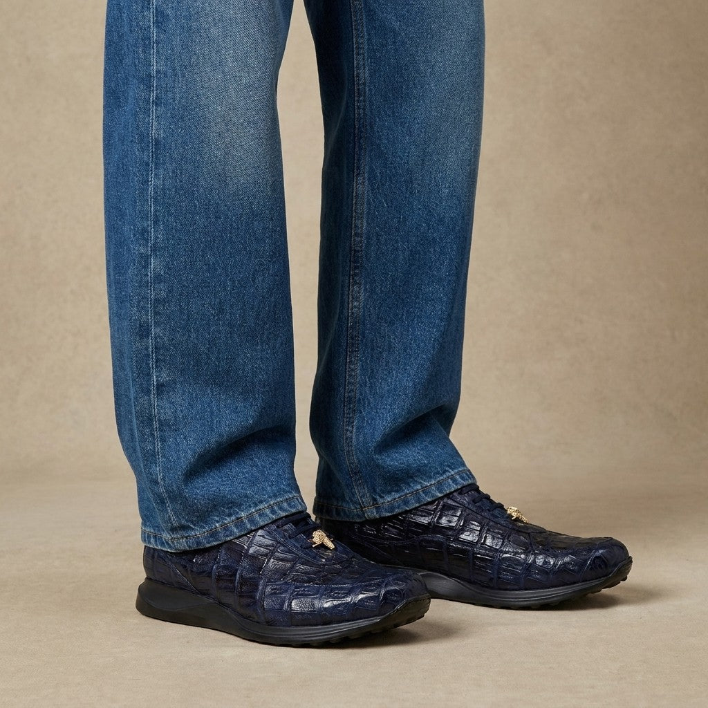 Mauri 8900 Caiman Fuscus navy sneakers with textured leather and lace-up design, showcasing stylish casual footwear.