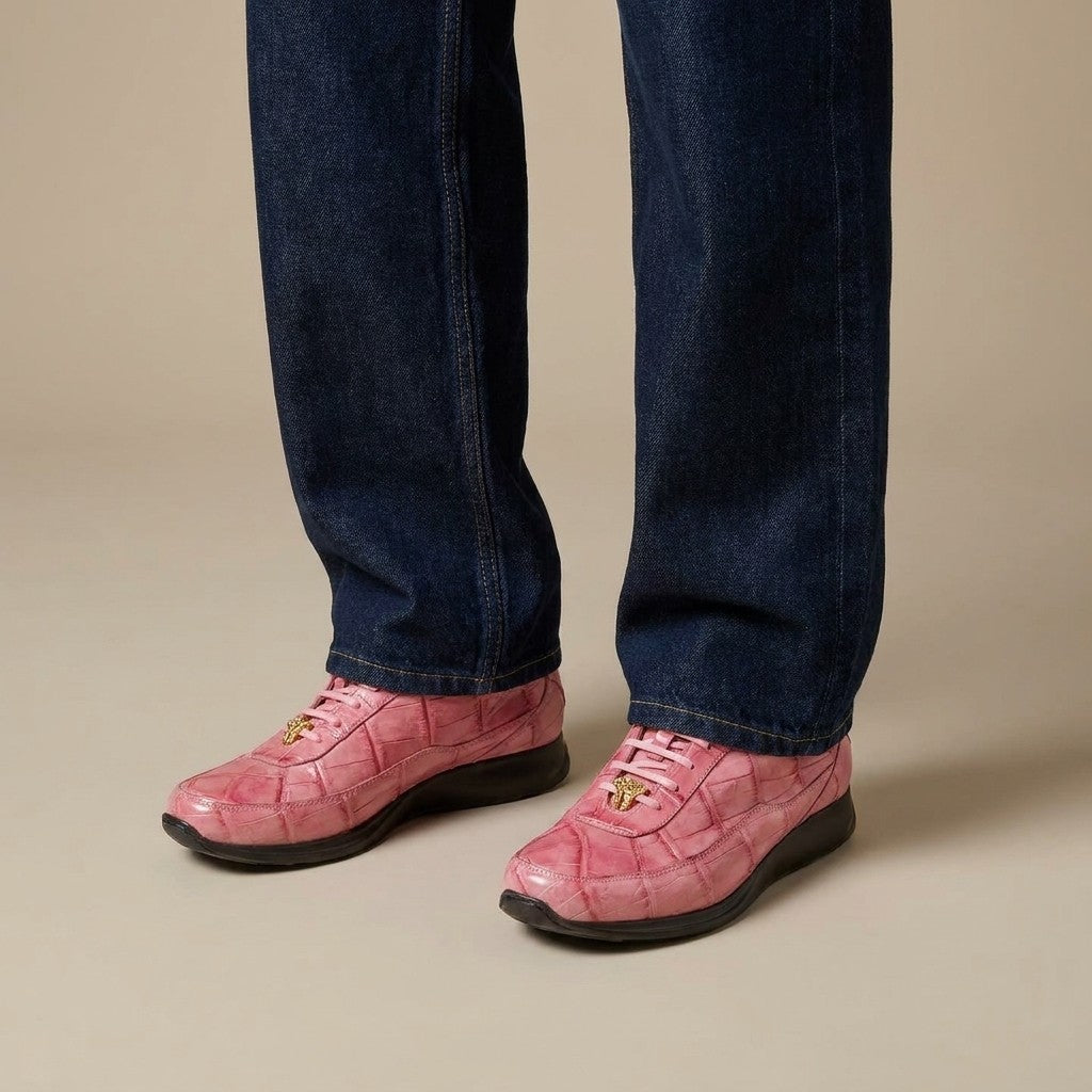 Mauri 8900 alligator-textured pink sneakers with white soles, stylish and trendy footwear for casual wear.